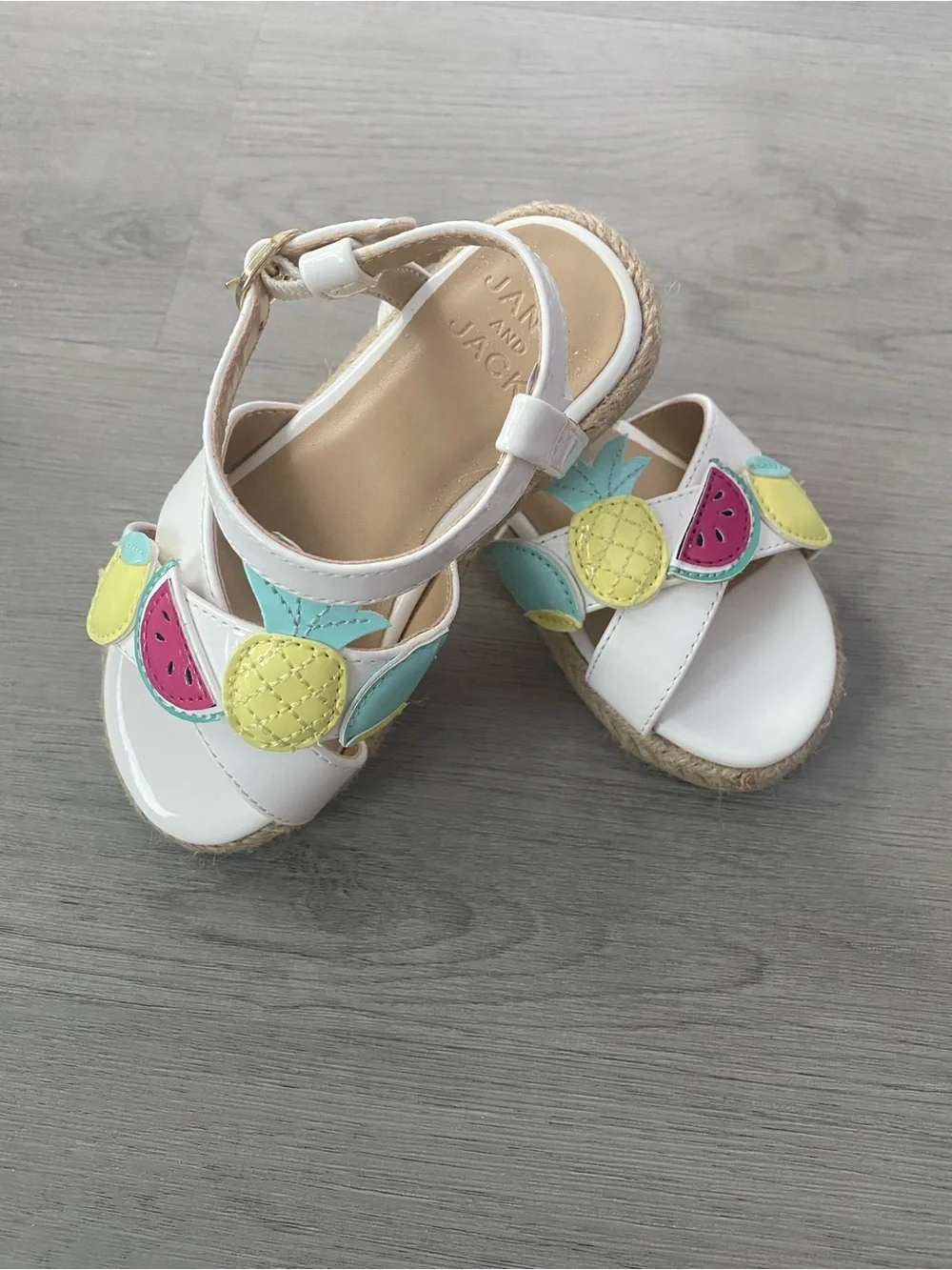 Janie and Jack White Sandals with Yellow, Pink and Aqua Fruit Appliqués